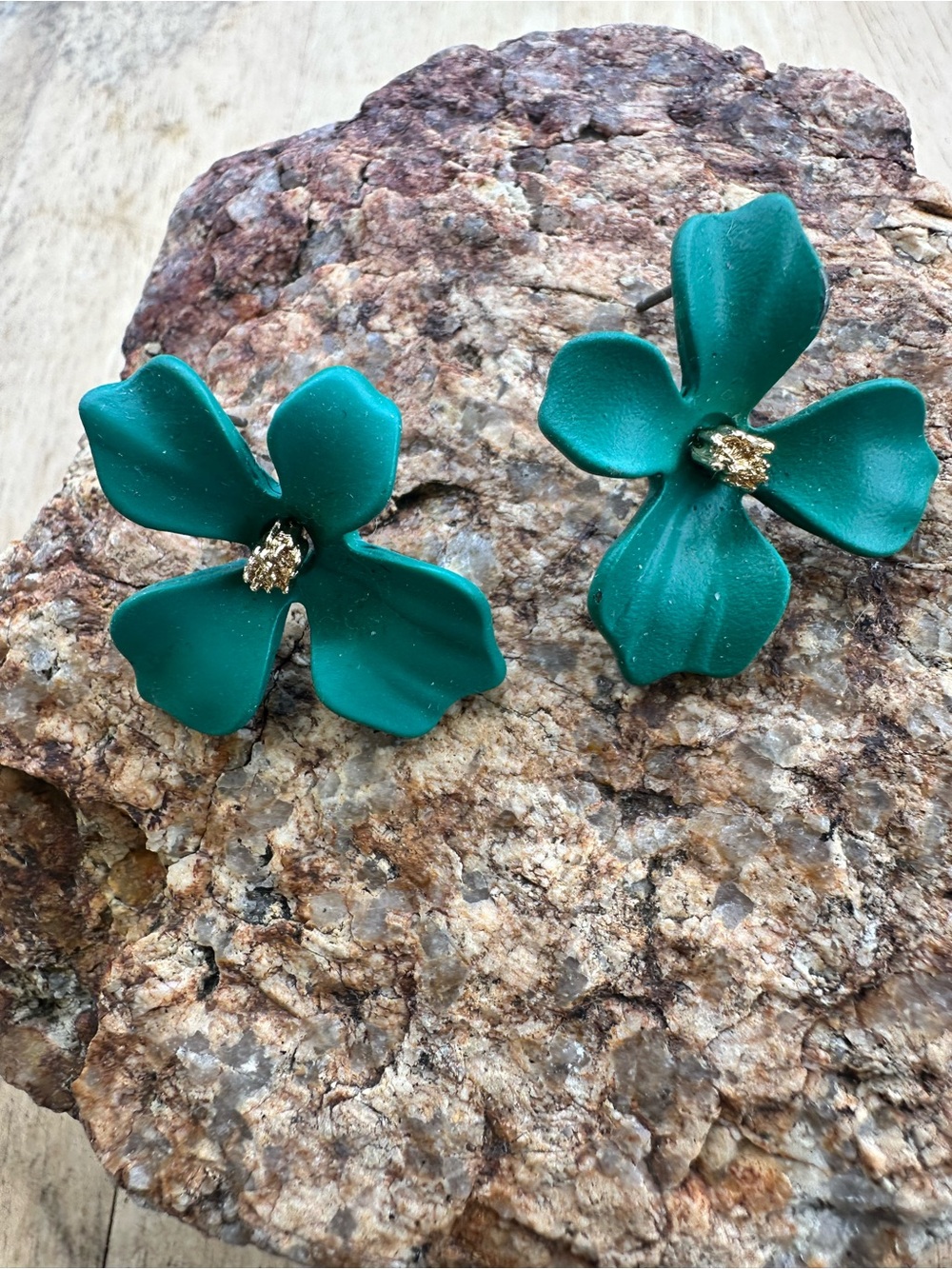 Emerald Green Floral Drop Earrings with Gold Center
